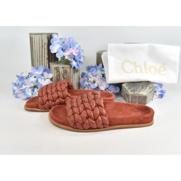 Chloe Terracotta Brown Leather Kacey Woven Flat Mules Slides Sz 37 NIB - Picture 2 of 11